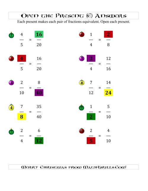 The Open the Present Equivalent Fractions (E) Math Worksheet Page 2