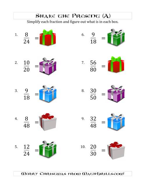 The Shake the Present Simplified Fractions (A) Math Worksheet