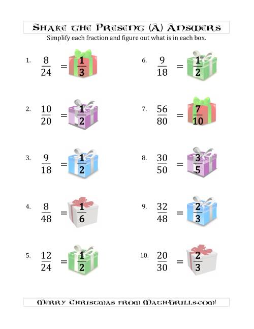 The Shake the Present Simplified Fractions (A) Math Worksheet Page 2