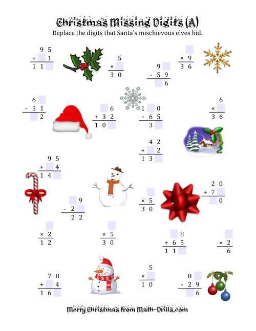 The Christmas Missing Digits (A) Math Worksheet