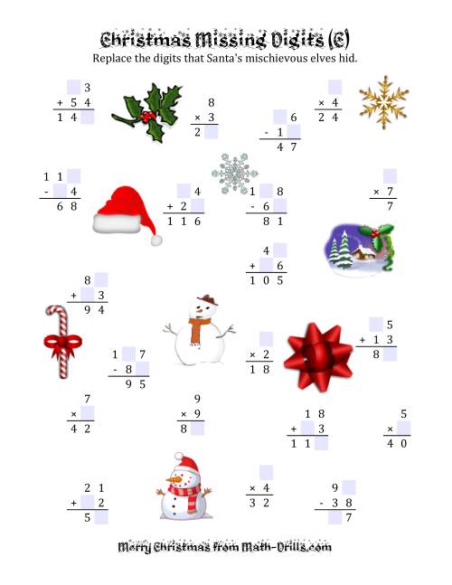 The Christmas Missing Digits (C) Math Worksheet
