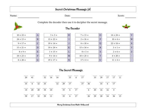 The Christmas Holly Secret Message Addition with Addends from 1 to 25 Math Worksheet