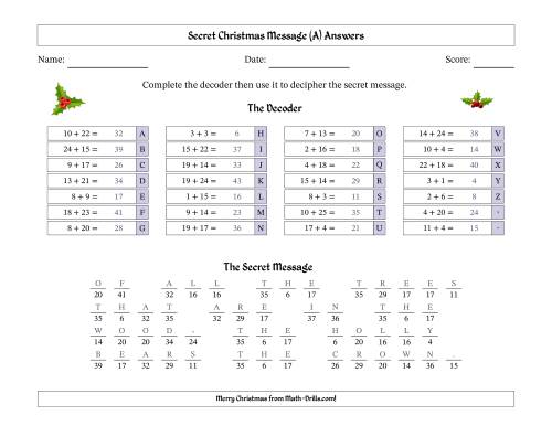 The Christmas Holly Secret Message Addition with Addends from 1 to 25 Math Worksheet Page 2
