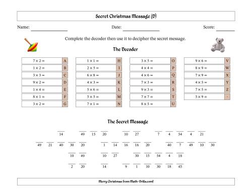 The Christmas Toys Secret Message Single-Digit Multiplication Math Worksheet
