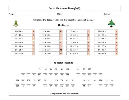 The Christmas Tree Secret Message Two-Digit Addition Math Worksheet