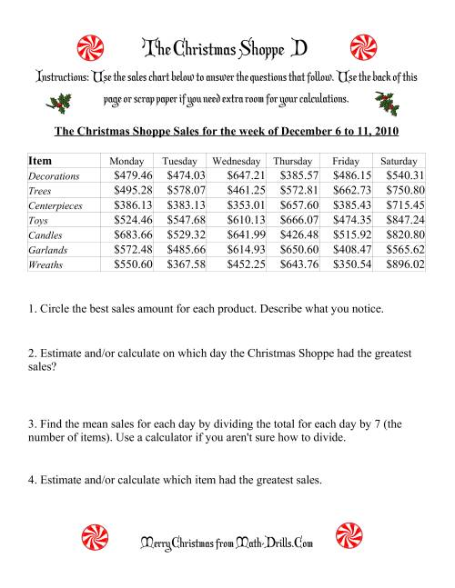The The Christmas Shoppe (Numbers under $1000) (D) Math Worksheet