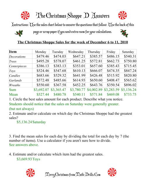 The The Christmas Shoppe (Numbers under $1000) (D) Math Worksheet Page 2