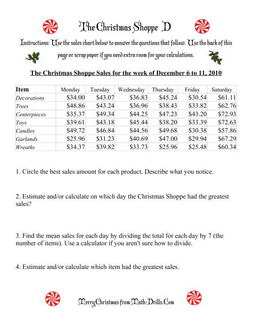 The The Christmas Shoppe (Numbers under $100) (D) Math Worksheet