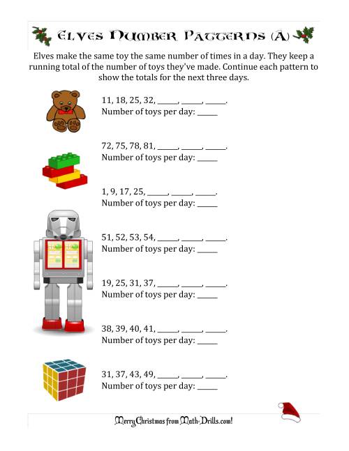 The Elf Toy Inventory with Growing Number Patterns (Max. Interval 9) (A) Math Worksheet