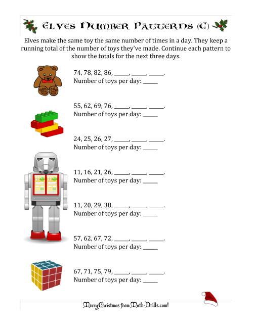 The Elf Toy Inventory with Growing Number Patterns (Max. Interval 9) (C) Math Worksheet
