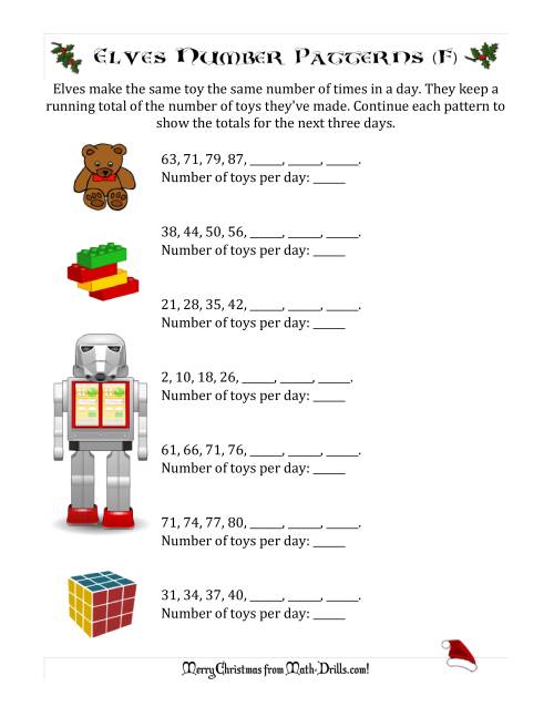 The Elf Toy Inventory with Growing Number Patterns (Max. Interval 9) (F) Math Worksheet