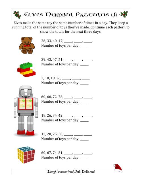 The Elf Toy Inventory with Growing Number Patterns (Max. Interval 9) (J) Math Worksheet