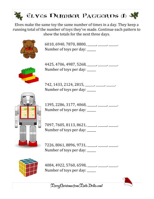 The Elf Toy Inventory with Growing Number Patterns (Max. Interval 999) (I) Math Worksheet