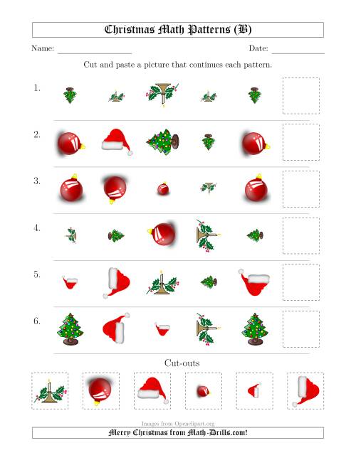 The Christmas Picture Patterns with Shape, Size and Rotation Attributes (B) Math Worksheet
