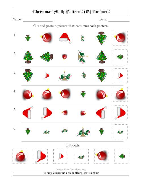 The Christmas Picture Patterns with Shape, Size and Rotation Attributes (D) Math Worksheet Page 2