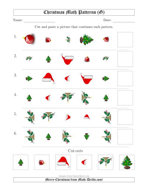The Christmas Picture Patterns with Shape, Size and Rotation Attributes (G) Math Worksheet