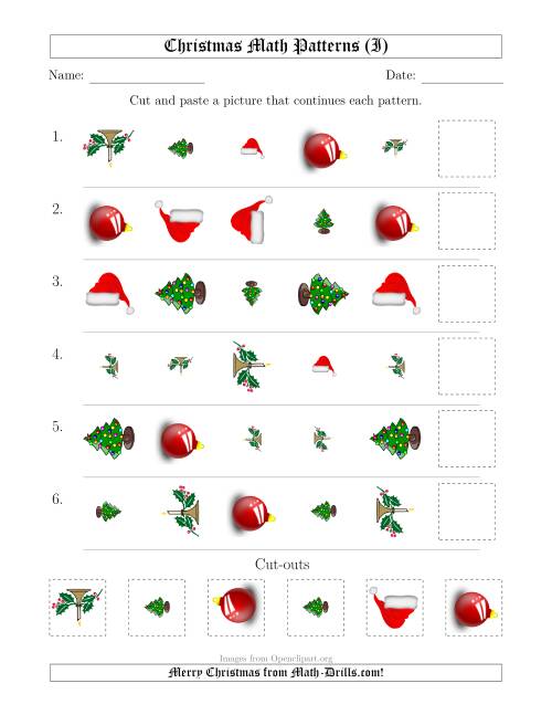 The Christmas Picture Patterns with Shape, Size and Rotation Attributes (I) Math Worksheet