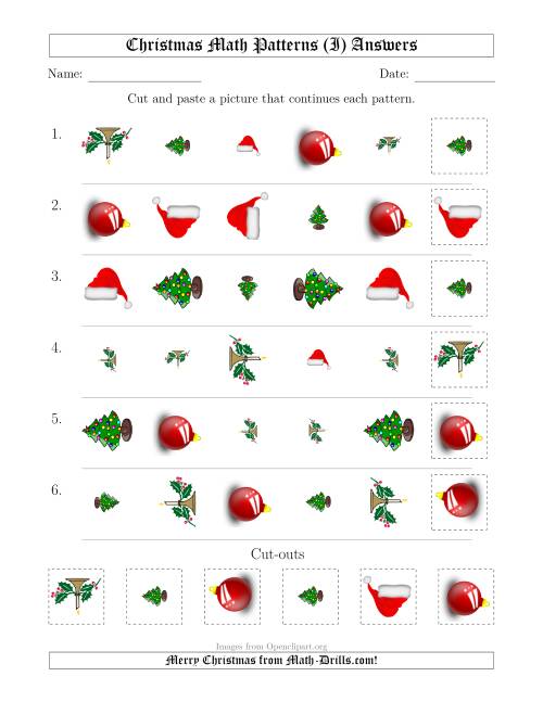 The Christmas Picture Patterns with Shape, Size and Rotation Attributes (I) Math Worksheet Page 2