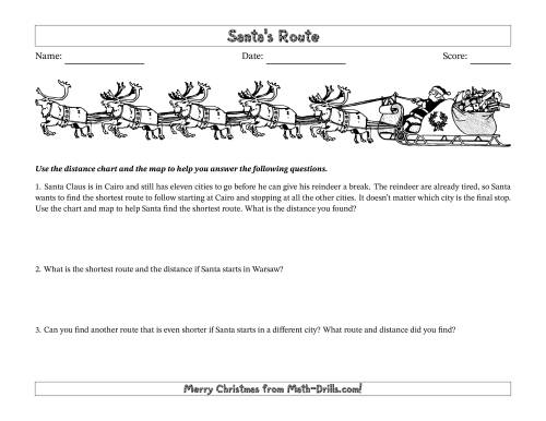 The Santa's Route in Kilometers Math Worksheet
