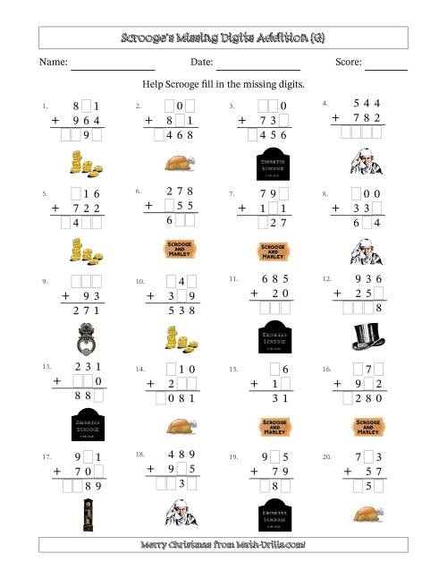 The Ebenezer Scrooge's Missing Digits Addition (Easier Version) (G) Math Worksheet