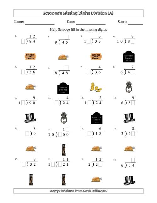 The Ebenezer Scrooge's Missing Digits Division (Easier Version) (A) Math Worksheet
