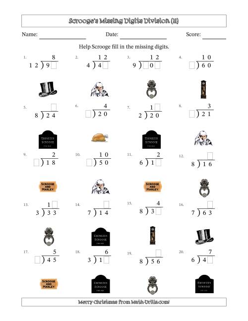 The Ebenezer Scrooge's Missing Digits Division (Easier Version) (H) Math Worksheet