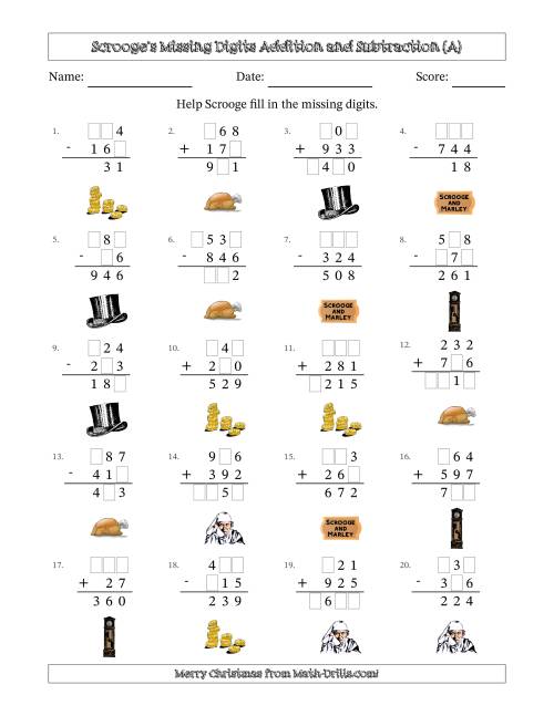 The Ebenezer Scrooge's Missing Digits Addition and Subtraction (Easier Version) (A) Math Worksheet