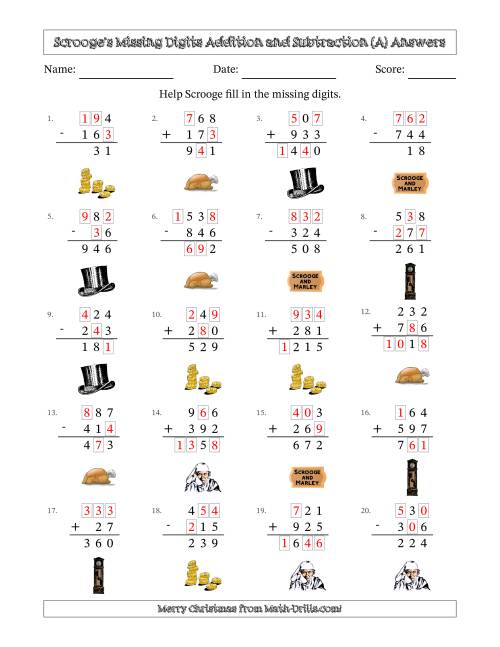 The Ebenezer Scrooge's Missing Digits Addition and Subtraction (Easier Version) (A) Math Worksheet Page 2