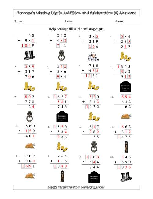 The Ebenezer Scrooge's Missing Digits Addition and Subtraction (Easier Version) (F) Math Worksheet Page 2