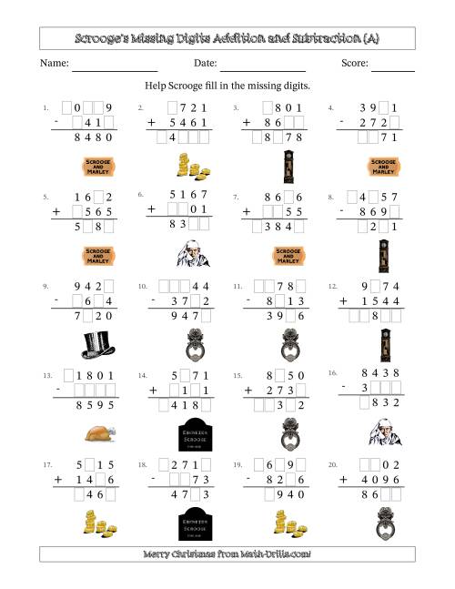 The Ebenezer Scrooge's Missing Digits Addition and Subtraction (Harder Version) (A) Math Worksheet