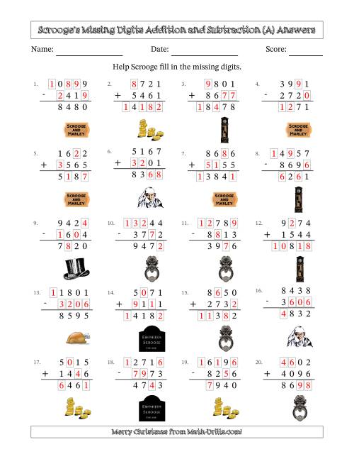 The Ebenezer Scrooge's Missing Digits Addition and Subtraction (Harder Version) (A) Math Worksheet Page 2