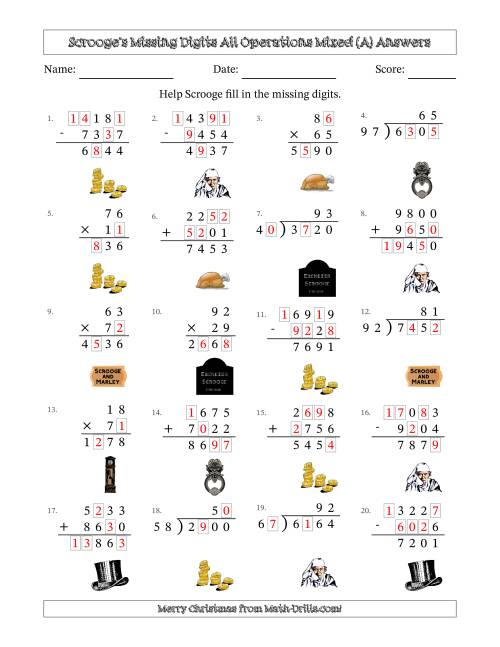 The Ebenezer Scrooge's Missing Digits All Operations Mixed (Harder Version) (A) Math Worksheet Page 2