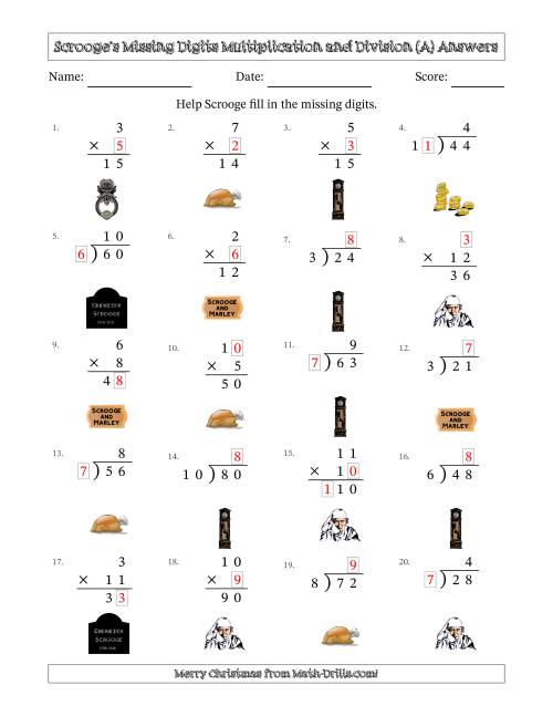 The Ebenezer Scrooge's Missing Digits Multiplication and Division (Easier Version) (A) Math Worksheet Page 2