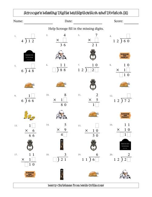 The Ebenezer Scrooge's Missing Digits Multiplication and Division (Easier Version) (H) Math Worksheet