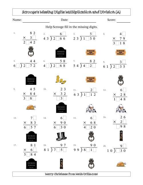 The Ebenezer Scrooge's Missing Digits Multiplication and Division (Harder Version) (A) Math Worksheet