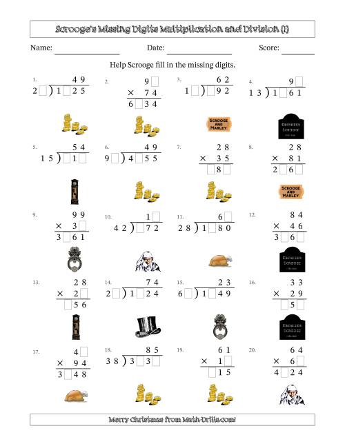 The Ebenezer Scrooge's Missing Digits Multiplication and Division (Harder Version) (I) Math Worksheet
