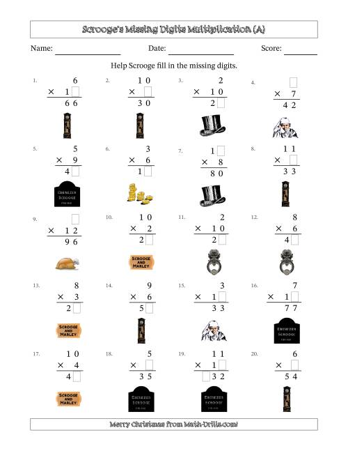 The Ebenezer Scrooge's Missing Digits Multiplication (Easier Version) (A) Math Worksheet