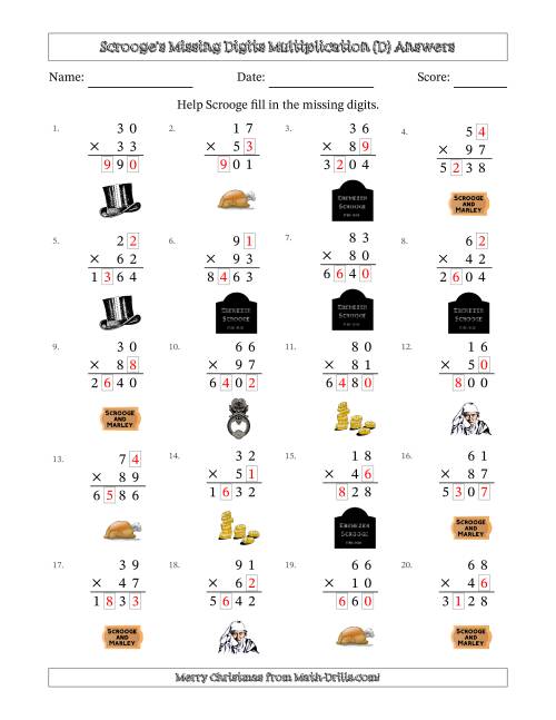 The Ebenezer Scrooge's Missing Digits Multiplication (Harder Version) (D) Math Worksheet Page 2