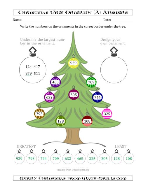 The Ordering/Sorting Numbers 100 to 999 on a Christmas Tree (A) Math Worksheet Page 2