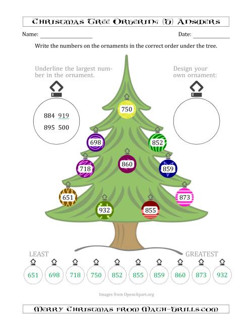 The Ordering/Sorting Numbers 100 to 999 on a Christmas Tree (D) Math Worksheet Page 2