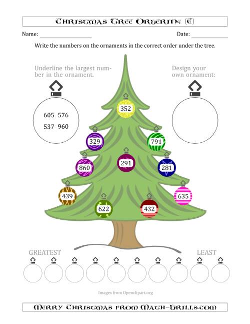 The Ordering/Sorting Numbers 100 to 999 on a Christmas Tree (E) Math Worksheet