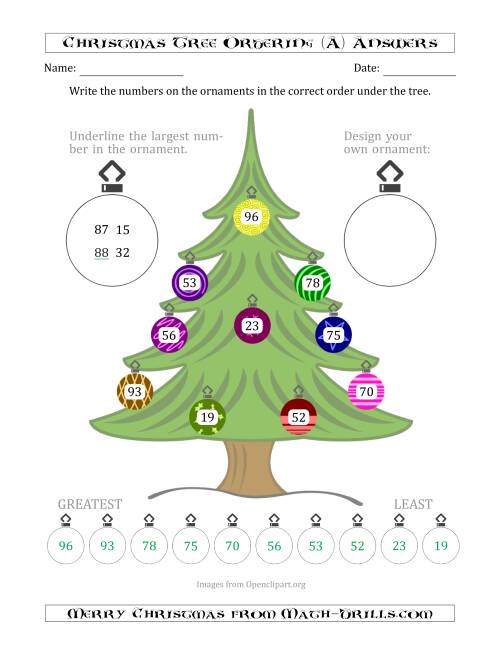 The Ordering/Sorting Numbers 10 to 99 on a Christmas Tree (A) Math Worksheet Page 2