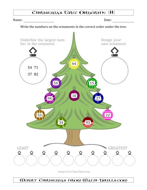 The Ordering/Sorting Numbers 10 to 99 on a Christmas Tree (H) Math Worksheet