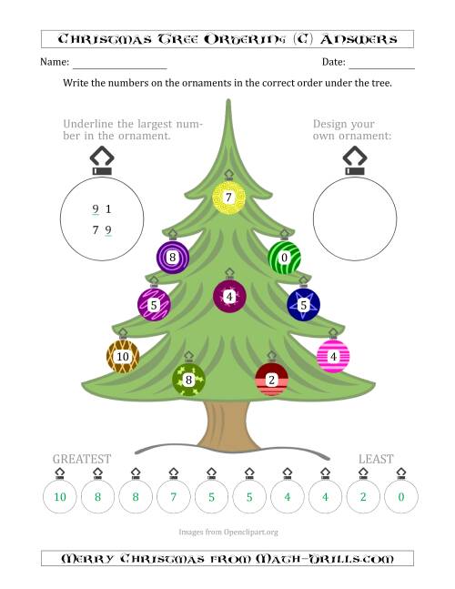 The Ordering/Sorting Numbers 0 to 10 on a Christmas Tree (C) Math Worksheet Page 2