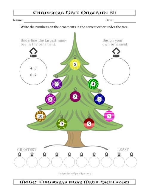 The Ordering/Sorting Numbers 0 to 10 on a Christmas Tree (E) Math Worksheet