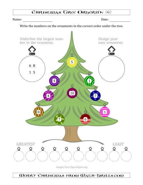 The Ordering/Sorting Numbers 0 to 10 on a Christmas Tree (G) Math Worksheet