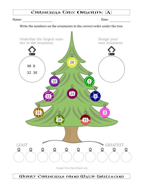 The Ordering/Sorting Numbers 1 to 50 on a Christmas Tree (A) Math Worksheet