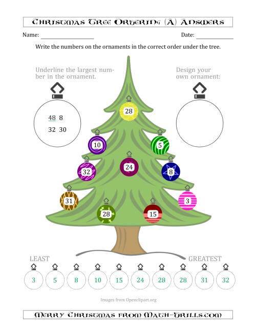 The Ordering/Sorting Numbers 1 to 50 on a Christmas Tree (A) Math Worksheet Page 2
