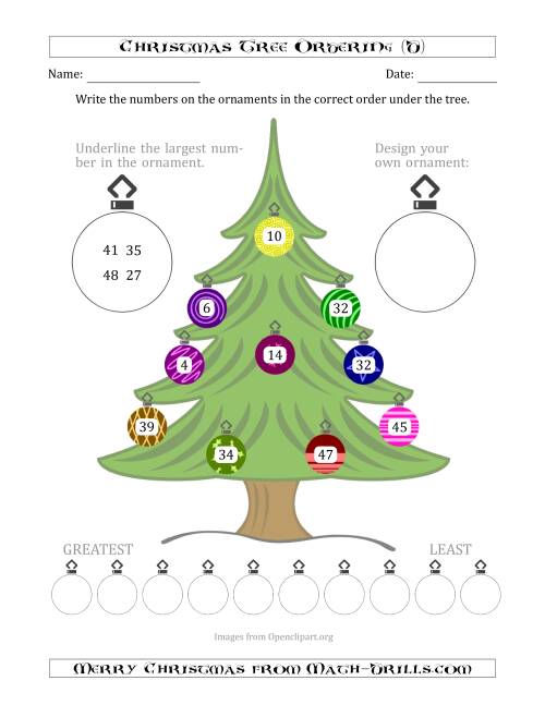 The Ordering/Sorting Numbers 1 to 50 on a Christmas Tree (D) Math Worksheet