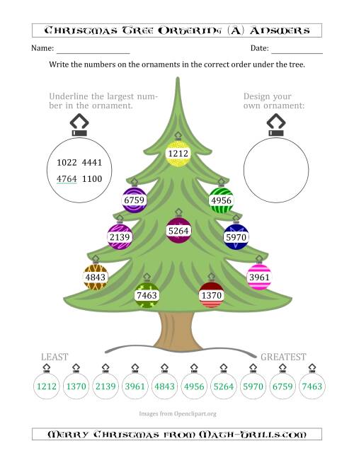 The Ordering/Sorting Numbers 1000 to 9999 on a Christmas Tree (A) Math Worksheet Page 2
